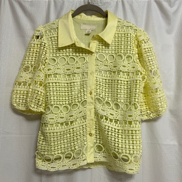 By Design Yellow Brianna Lace Puff Sleeve Button-Up Top, Size M - Picture 4 of 13